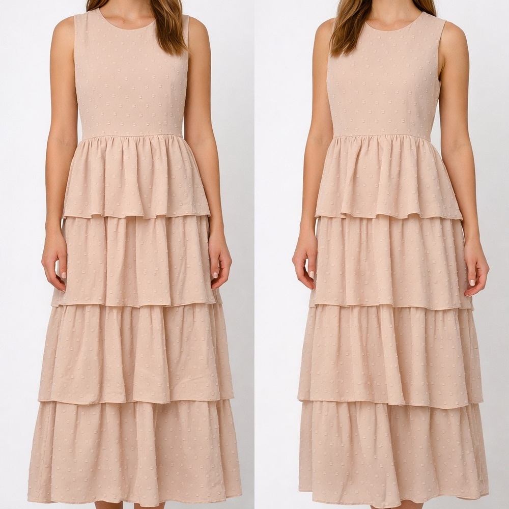 AFOUR Pink Swiss Dot Tiered Midiβ Dress Sleeveless Womenβs Size M